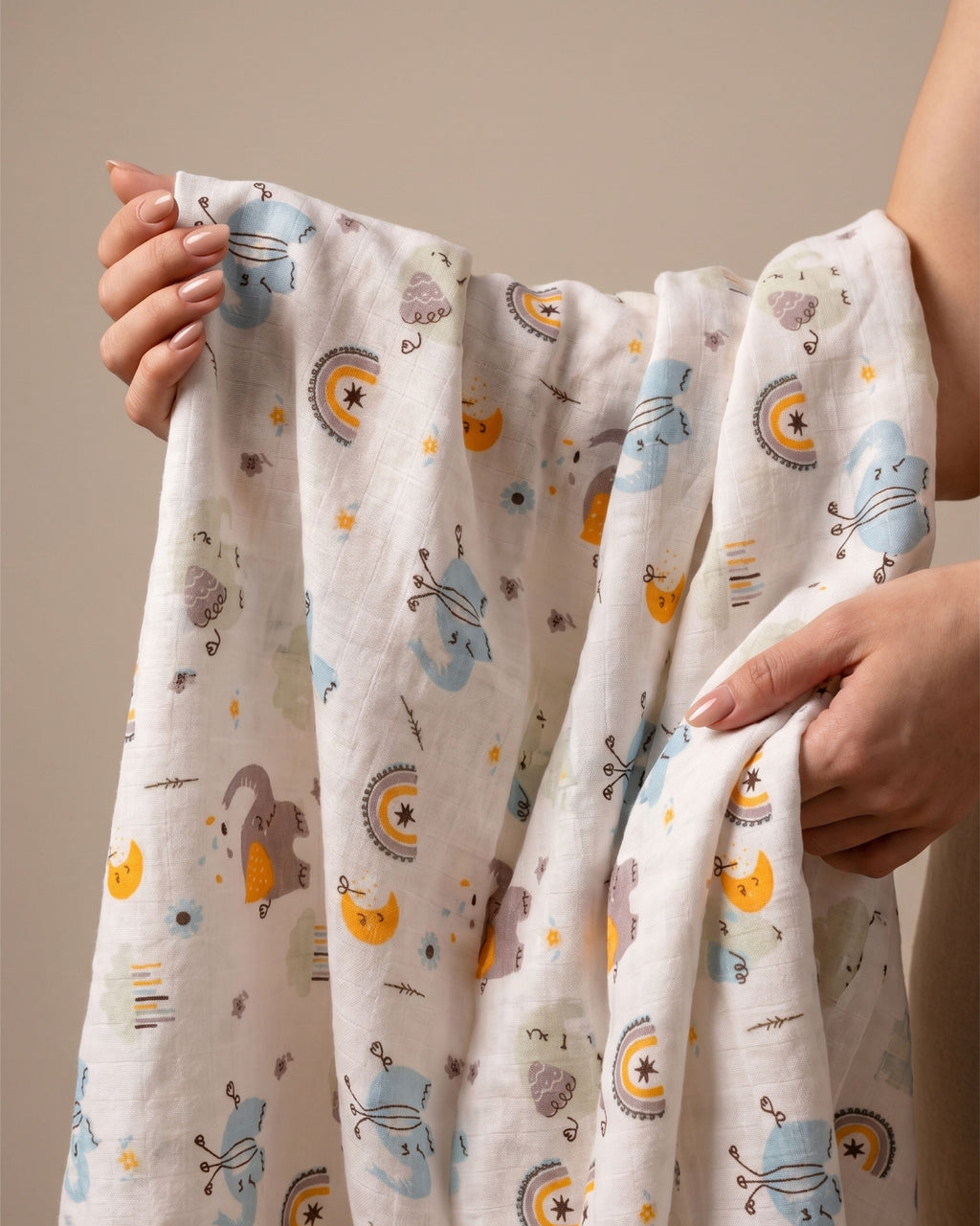 White Cotton Elephant Print Baby Swaddle ( L )