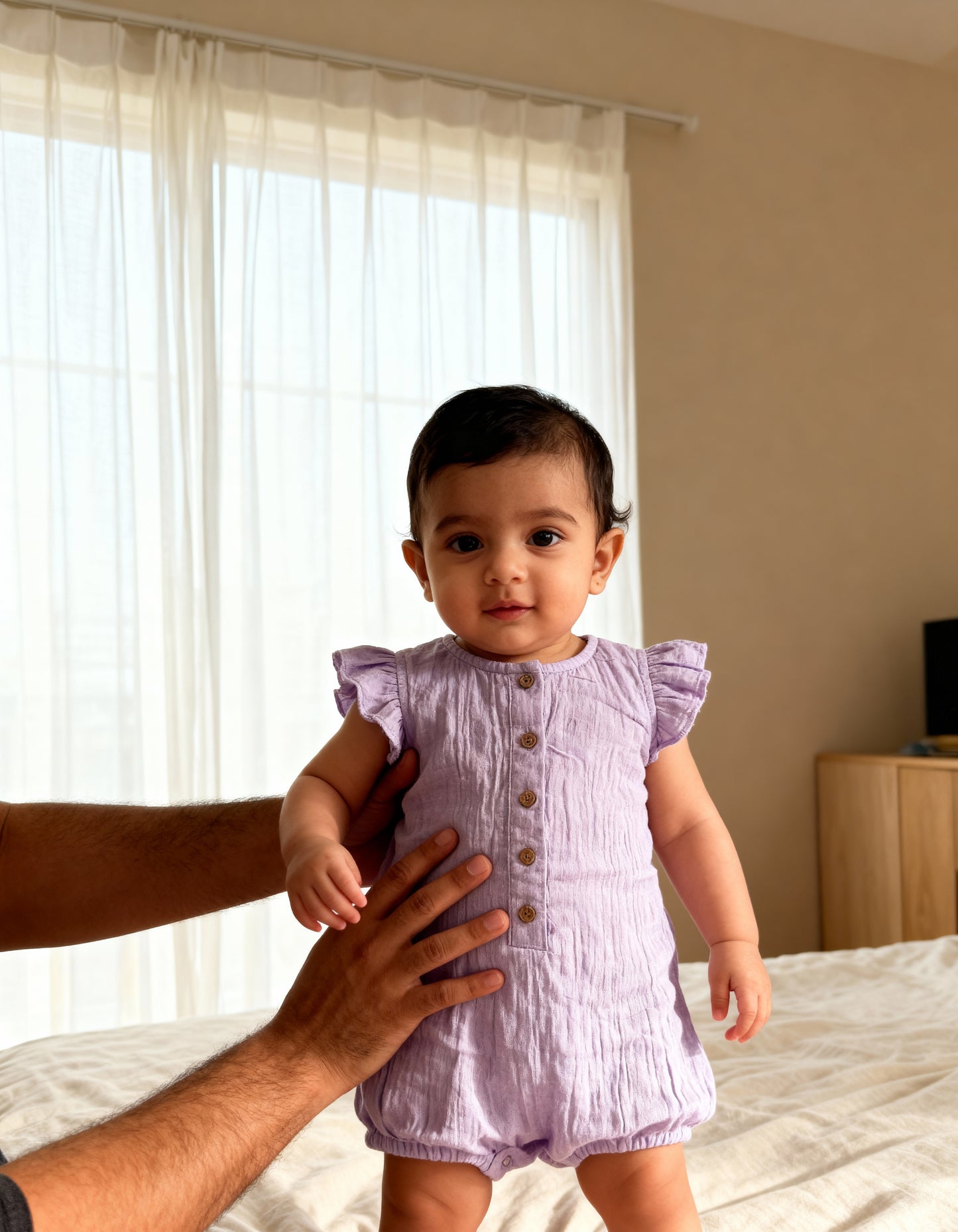 Lilac Lullaby Romper - Ruffle Sleeve Organic Muslin Onesie