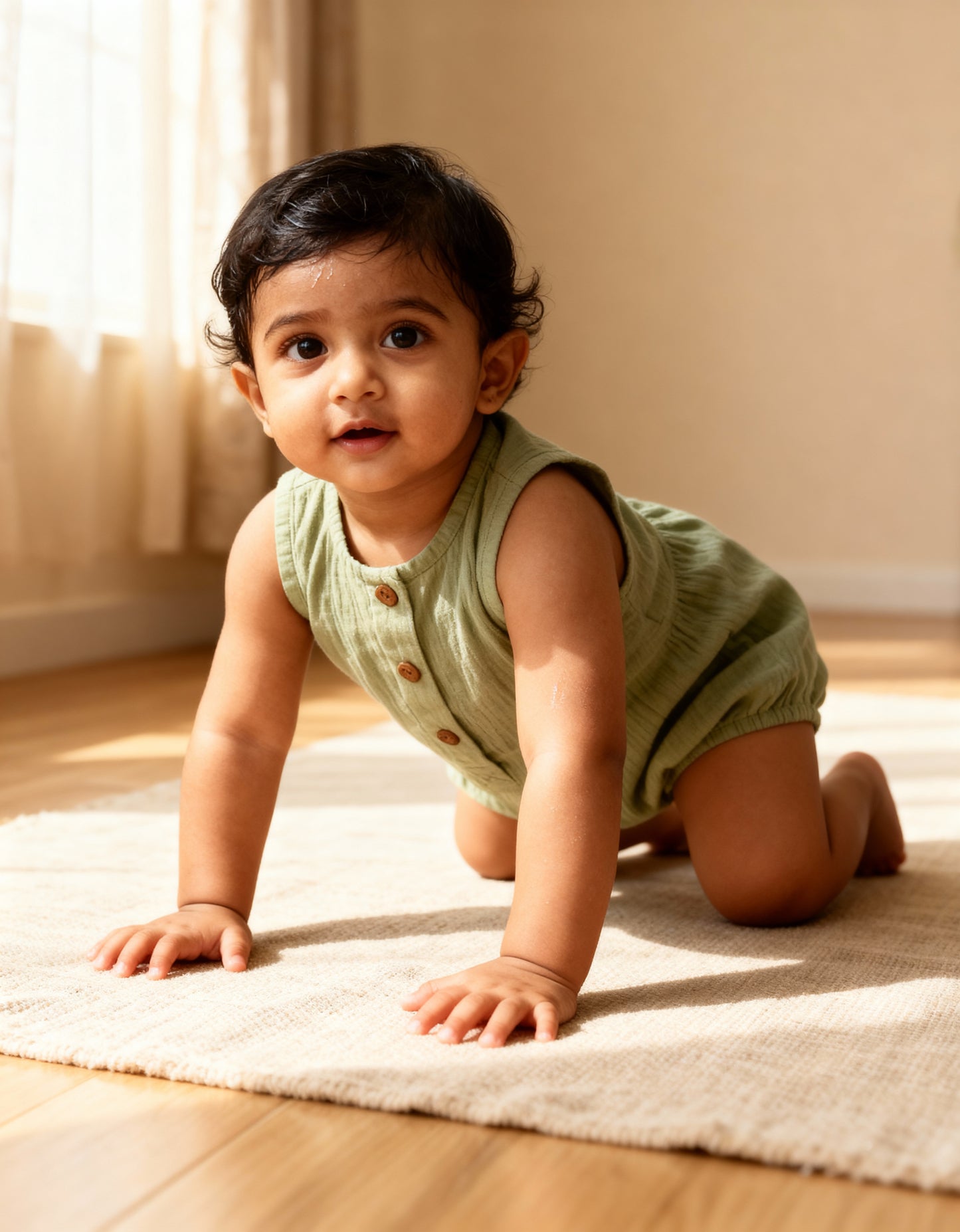 Sage Sprout Suit - Sleeveless Organic Muslin Romper with Wooden Button Detailing