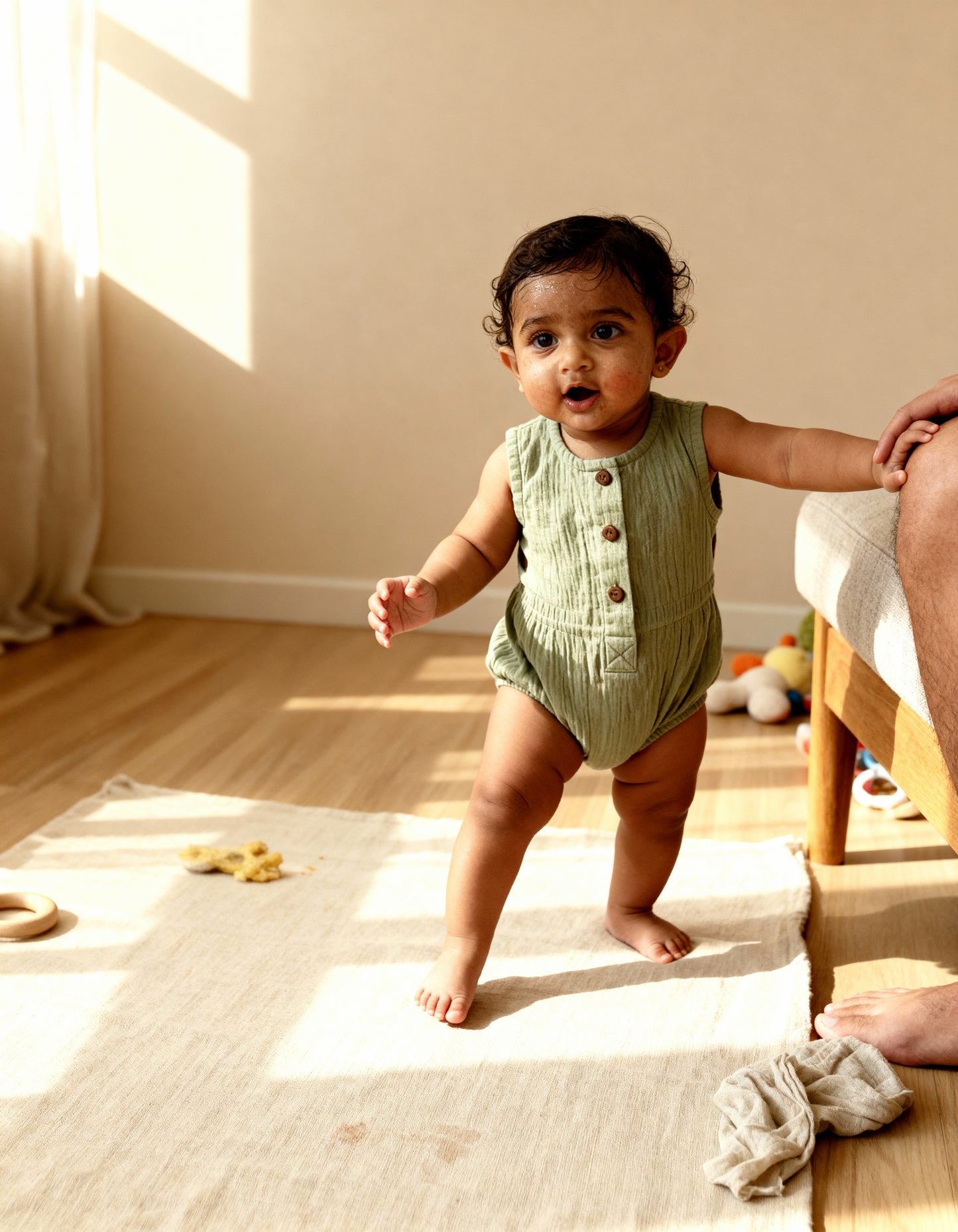 Sage Sprout Suit - Sleeveless Organic Muslin Romper with Wooden Button Detailing