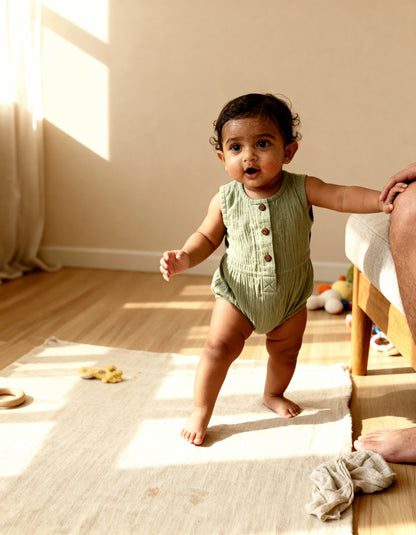 Sage Sprout Suit - Sleeveless Organic Muslin Romper with Wooden Button Detailing